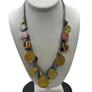 COACH Vintage Yellow Pink Red Enamel Logo Charms Silver Tone Chain Necklace